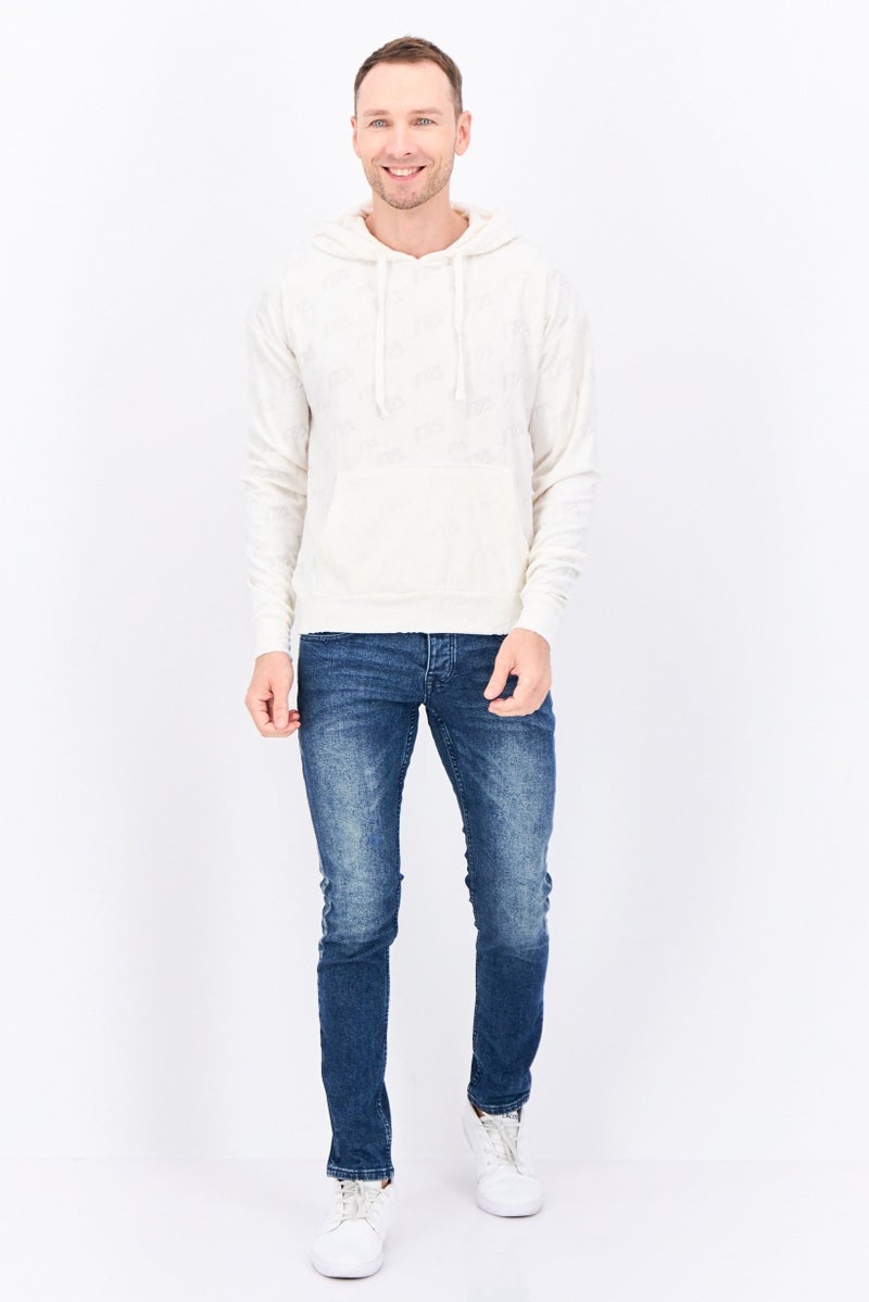 Night Addict سويت شيرت بقلنسوة للرجال بشعار العلامة التجارية بأكمام طويلة، كريمي - Image 4