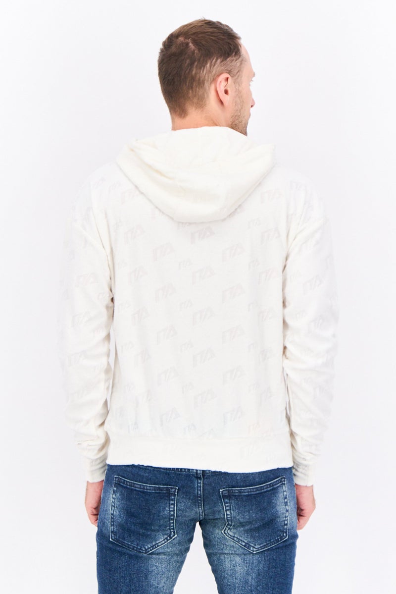 Night Addict سويت شيرت بقلنسوة للرجال بشعار العلامة التجارية بأكمام طويلة، كريمي - Image 3