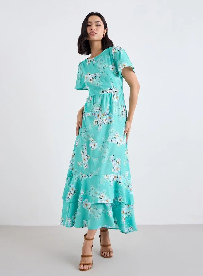 Styli Styli Green Floral Print Layered Maxi Dress