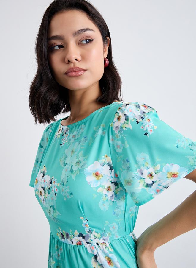 Styli Green Floral Print Layered Maxi Dress - Image 3