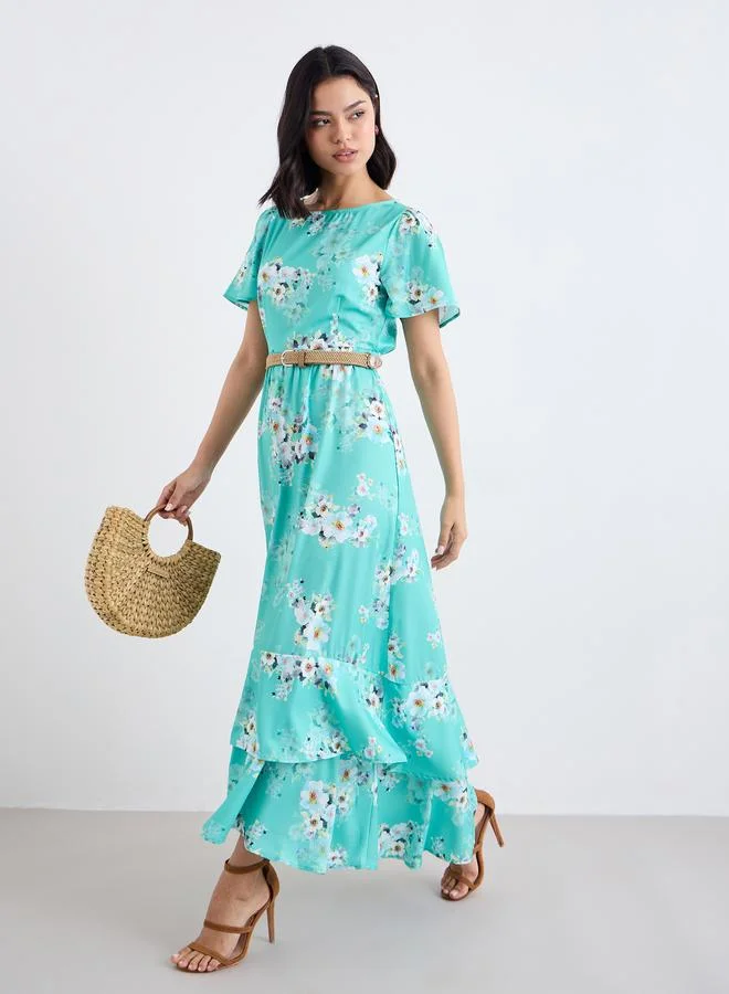 Styli Styli Green Floral Print Layered Maxi Dress