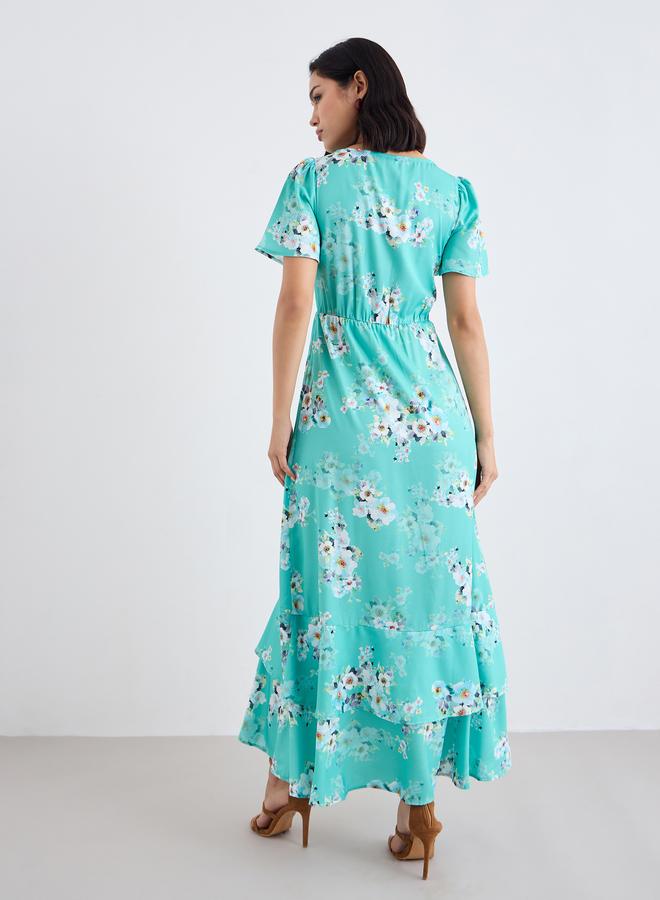 Styli Green Floral Print Layered Maxi Dress - Image 4