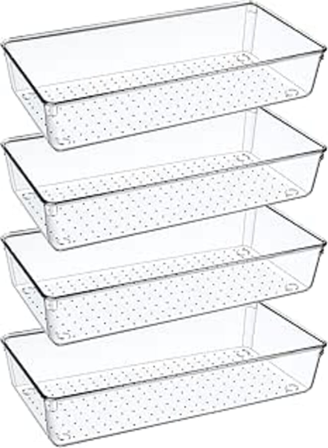 DUHARS 4PCS Clear Plastic Drawer Organizer Tray, 12'' Large Acrylic Vanity Bathroom Drawer Organizers Trays, Desk Drawer Organizer Bins for Cosmetics, Makeup, Kitchen, Office, Junk Drawer Organization