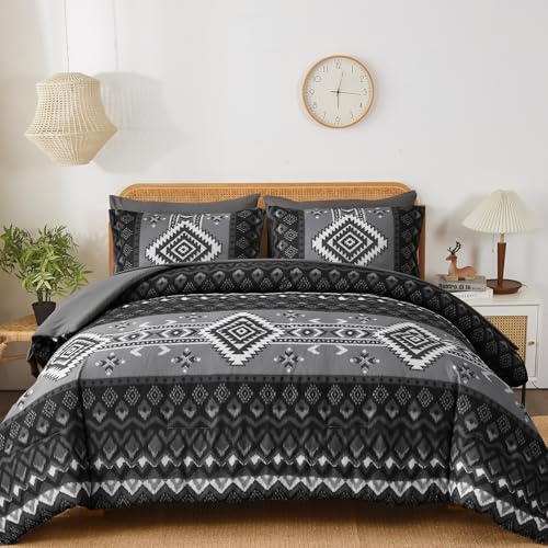 Menghomeus King Size Black Comforter Set, 7 Pieces Boho Aztec Bed in a Bag, All-Season Bedding Set with Sheets & Pillow Shams, Bohemian Geometric Striped Pattern - Image 1