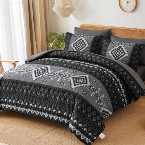 Menghomeus King Size Black Comforter Set, 7 Pieces Boho Aztec Bed in a Bag, All-Season Bedding Set with Sheets & Pillow Shams, Bohemian Geometric Striped Pattern - Image 2
