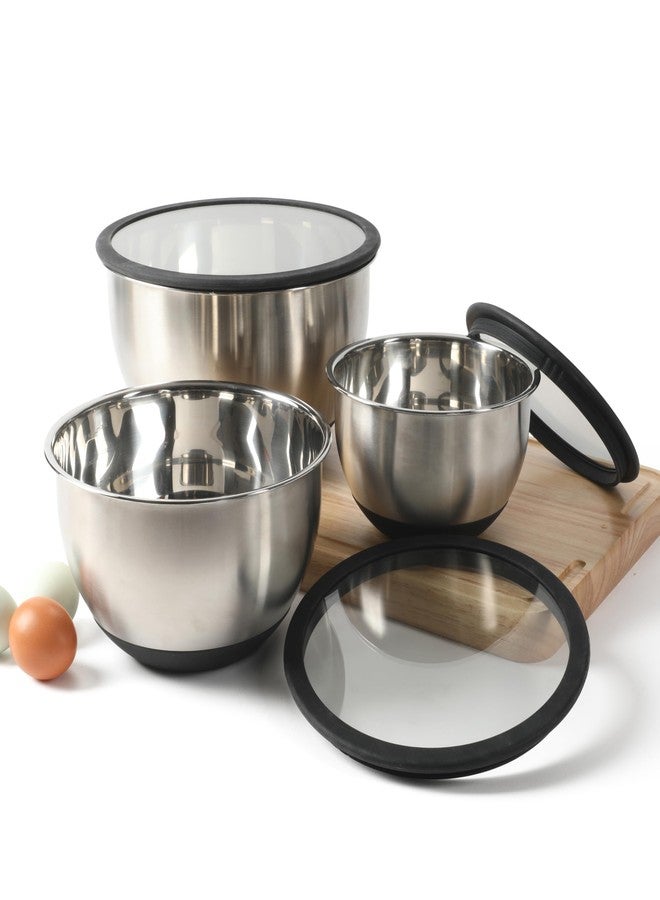 Calphalon Mixing Bowl Set, Stainless Steel Mixing Bowls With Lids, 3-Piece Stainless Steel Mixing Bowls with Glass Lids & Non-Slip Silicone Base, Prep and Storage Bowls Dishwasher Safe - Image 1