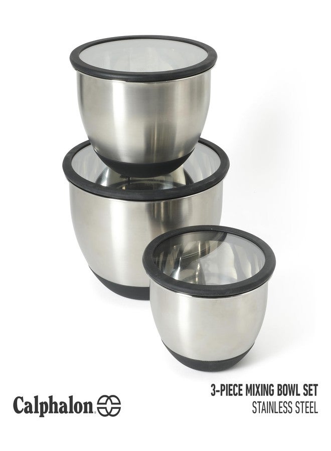 Calphalon Mixing Bowl Set, Stainless Steel Mixing Bowls With Lids, 3-Piece Stainless Steel Mixing Bowls with Glass Lids & Non-Slip Silicone Base, Prep and Storage Bowls Dishwasher Safe - Image 2
