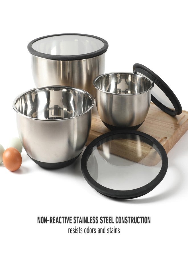 Calphalon Mixing Bowl Set, Stainless Steel Mixing Bowls With Lids, 3-Piece Stainless Steel Mixing Bowls with Glass Lids & Non-Slip Silicone Base, Prep and Storage Bowls Dishwasher Safe - Image 4