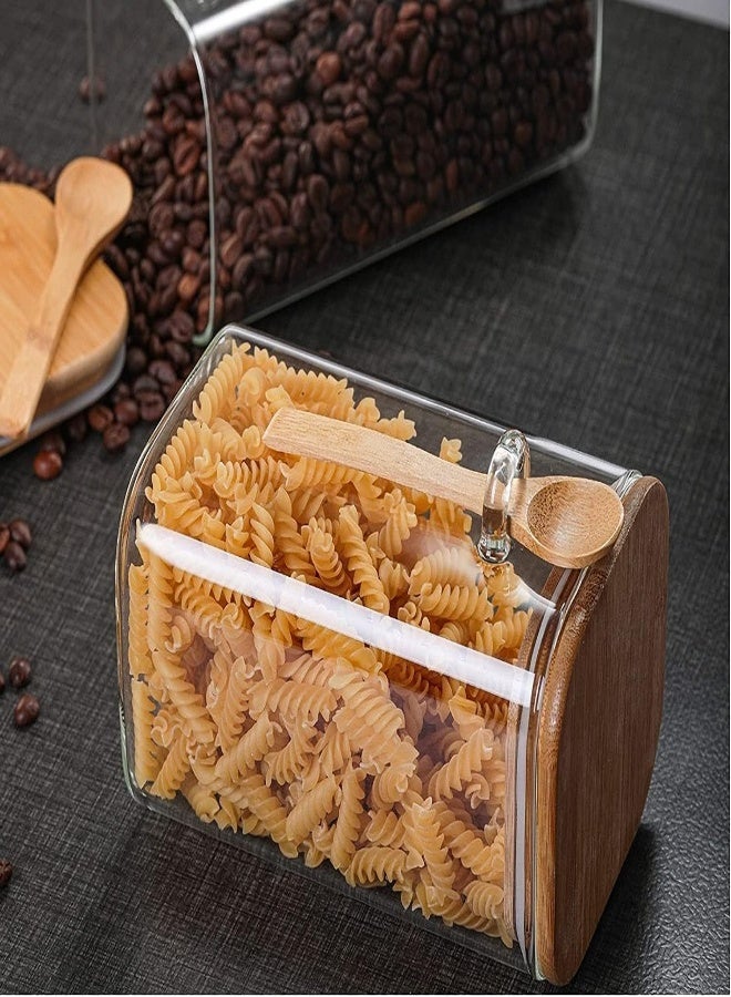 AKDC Glass Jar With Bamboo Lid And Spoon 600Ml, Square Storage Jars With Wooden Airtight Lids Mini Jars With Label And Air Tight For Kitchen Pantry, Sugar, Salt, Coffee, Tea Other Dry Food Storage (3) - Image 2
