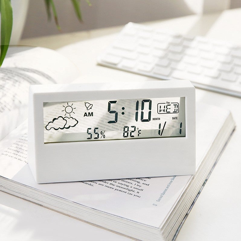 ساعة الطقس الرقمية LCD مقياس درجة الحرارة والرطوبة ساعة منبه عرض رقمي إبداعي متعدد الوظائف ضوء أبيض 2158 - Image 3