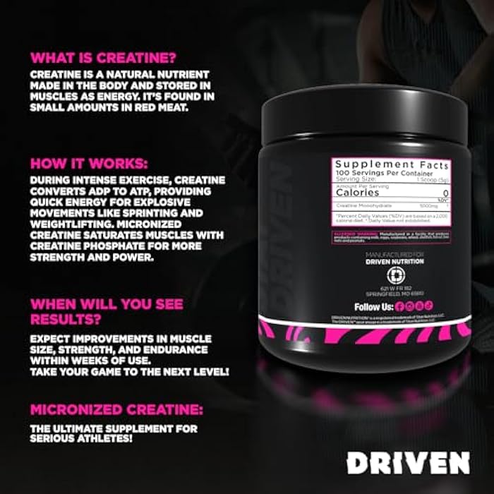 Driven Nutrition مسحوق كرياتين مونوهايدرات ميكرونيزيد من درايفن نيوترشن – 500 جرام | نقي، بدون نكهة، 5 جرام لكل حصة | مكمل لزيادة قوة العضلات، الطاقة، التحمل والتعافي - Image 4