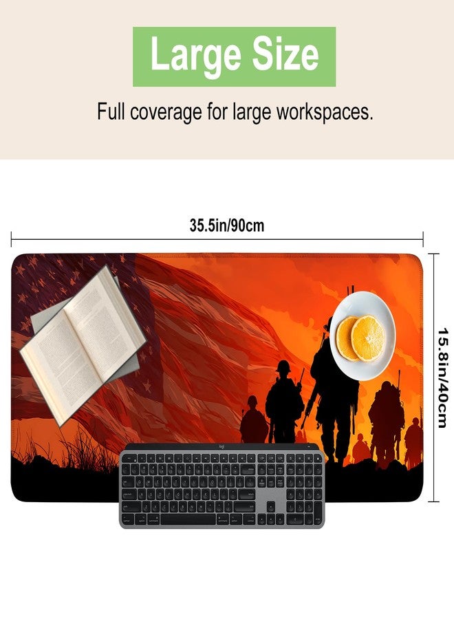 THISFIND Desk Mat, XXL Extended Gaming Pad for Desktop, 35x16 Inches Patriotic Soldier Silhouette with Flag, Large Non-Slip Vegan Leather Surface Keyboard Mouse Mat for Home Office - Image 2