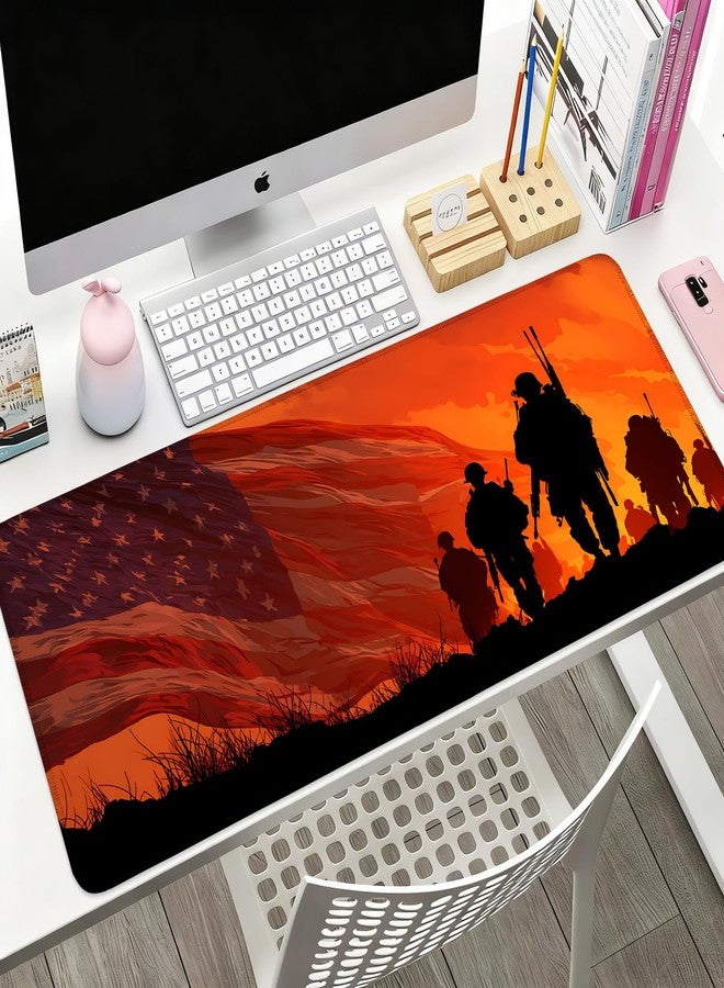 THISFIND Desk Mat, XXL Extended Gaming Pad for Desktop, 35x16 Inches Patriotic Soldier Silhouette with Flag, Large Non-Slip Vegan Leather Surface Keyboard Mouse Mat for Home Office - Image 3
