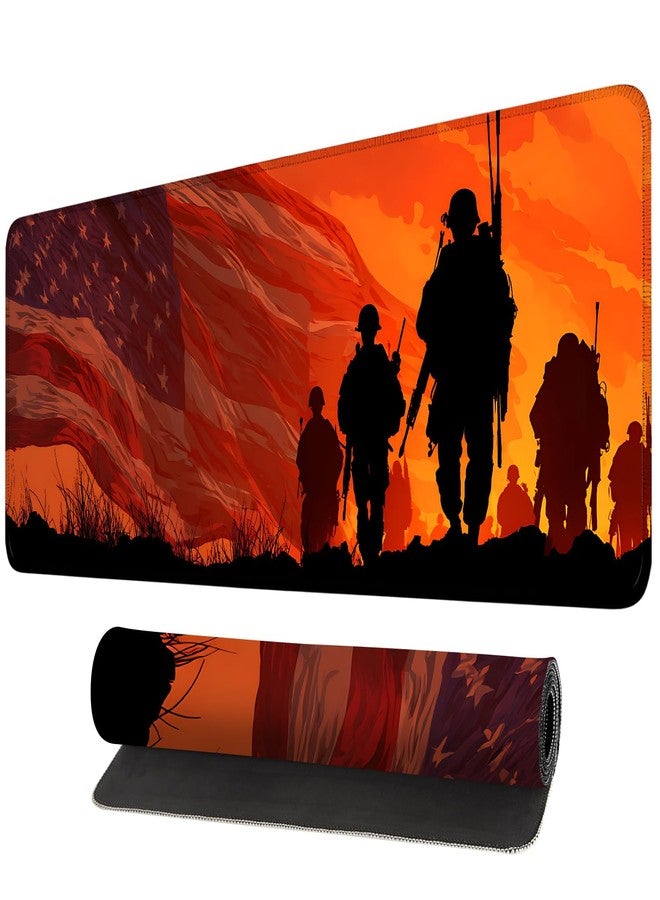 THISFIND Desk Mat, XXL Extended Gaming Pad for Desktop, 35x16 Inches Patriotic Soldier Silhouette with Flag, Large Non-Slip Vegan Leather Surface Keyboard Mouse Mat for Home Office - Image 1