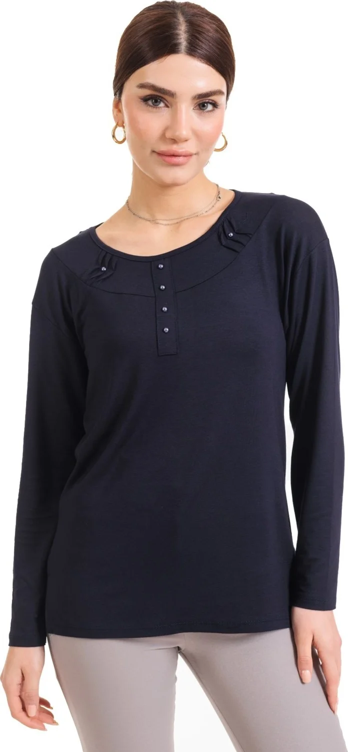 موتلو سيتي Happy City New Season 2023 Women Middle Age and Above Long Sleeve Plain Pattern Lycra Mother Combed Cotton Blouse 6370