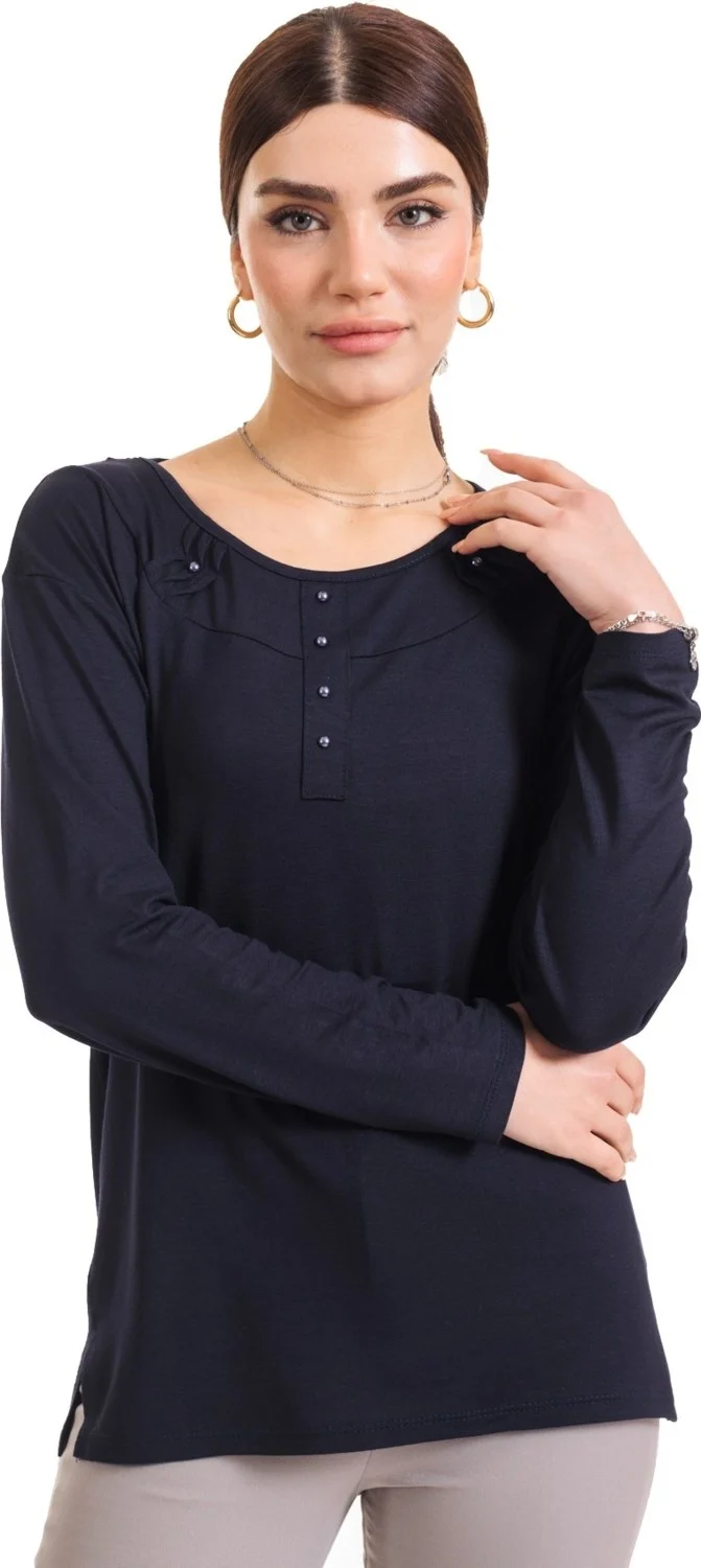 موتلو سيتي Happy City New Season 2023 Women Middle Age and Above Long Sleeve Plain Pattern Lycra Mother Combed Cotton Blouse 6370