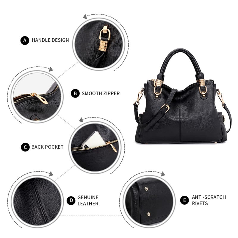 Kattee Kattee Women's Genuine Leather Purses and Handbags, Satchel Tote Shoulder Bag (Black) - Image 4