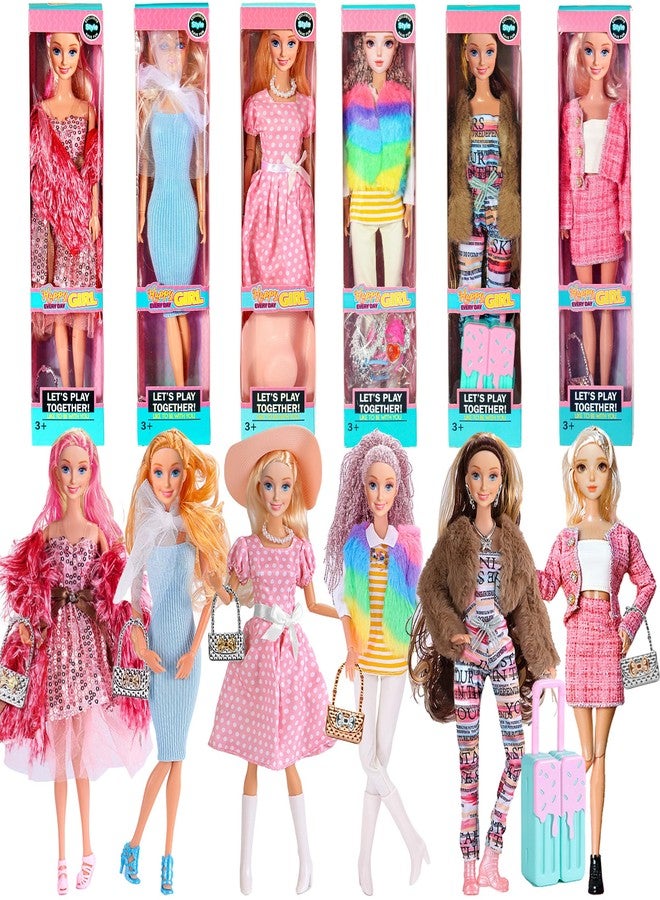 iBayda 6 Pack Fashion 11.5 inch American Toy Prinecess Dolls Playset with Outfits Dress Design and Accessories Like Handbag Hat Crown Necklace Suitcase (Gift Box Package) - Image 1
