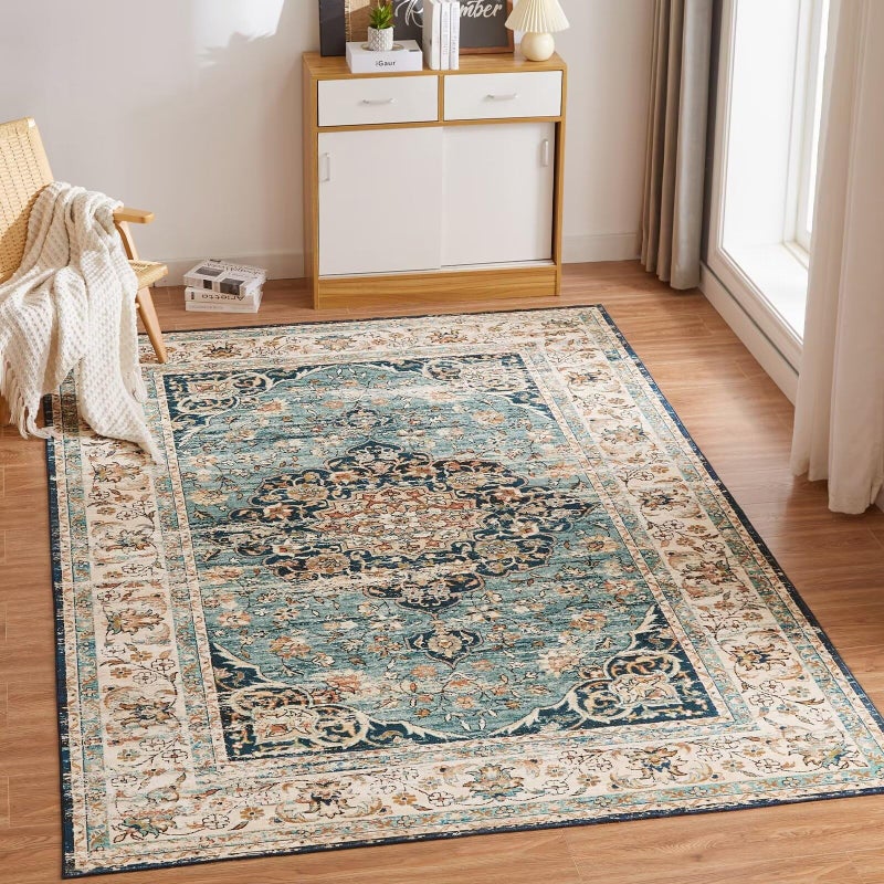 CHOSHOME Machine Washable Rugs for Living Room Large Vintage Area Rugs for Bedroom Soft Short Pile Rugs Non Slip Carpet Traditional Oriental Rug for Kitchen Dining Outdoor 120x170cm Blue Faux Wool Rug