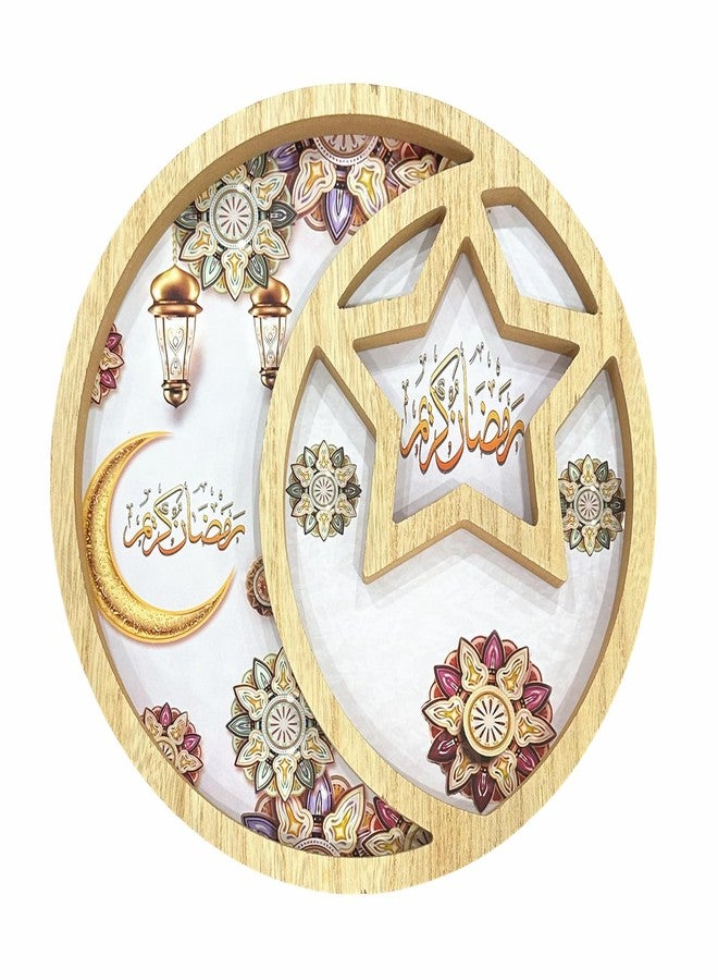 DD-life Round Shape Star and Moon Salver Ramadan Serving Tray Eid Tray Food Tray Decorative Tray Fruit Storage Tray Bread Plate Divided Wooden Food Server (Round) - Image 1