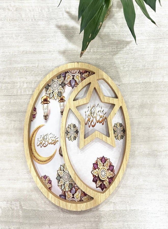 DD-life Round Shape Star and Moon Salver Ramadan Serving Tray Eid Tray Food Tray Decorative Tray Fruit Storage Tray Bread Plate Divided Wooden Food Server (Round) - Image 3