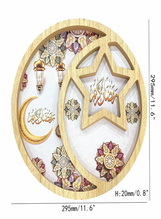 DD-life Round Shape Star and Moon Salver Ramadan Serving Tray Eid Tray Food Tray Decorative Tray Fruit Storage Tray Bread Plate Divided Wooden Food Server (Round) - Image 2