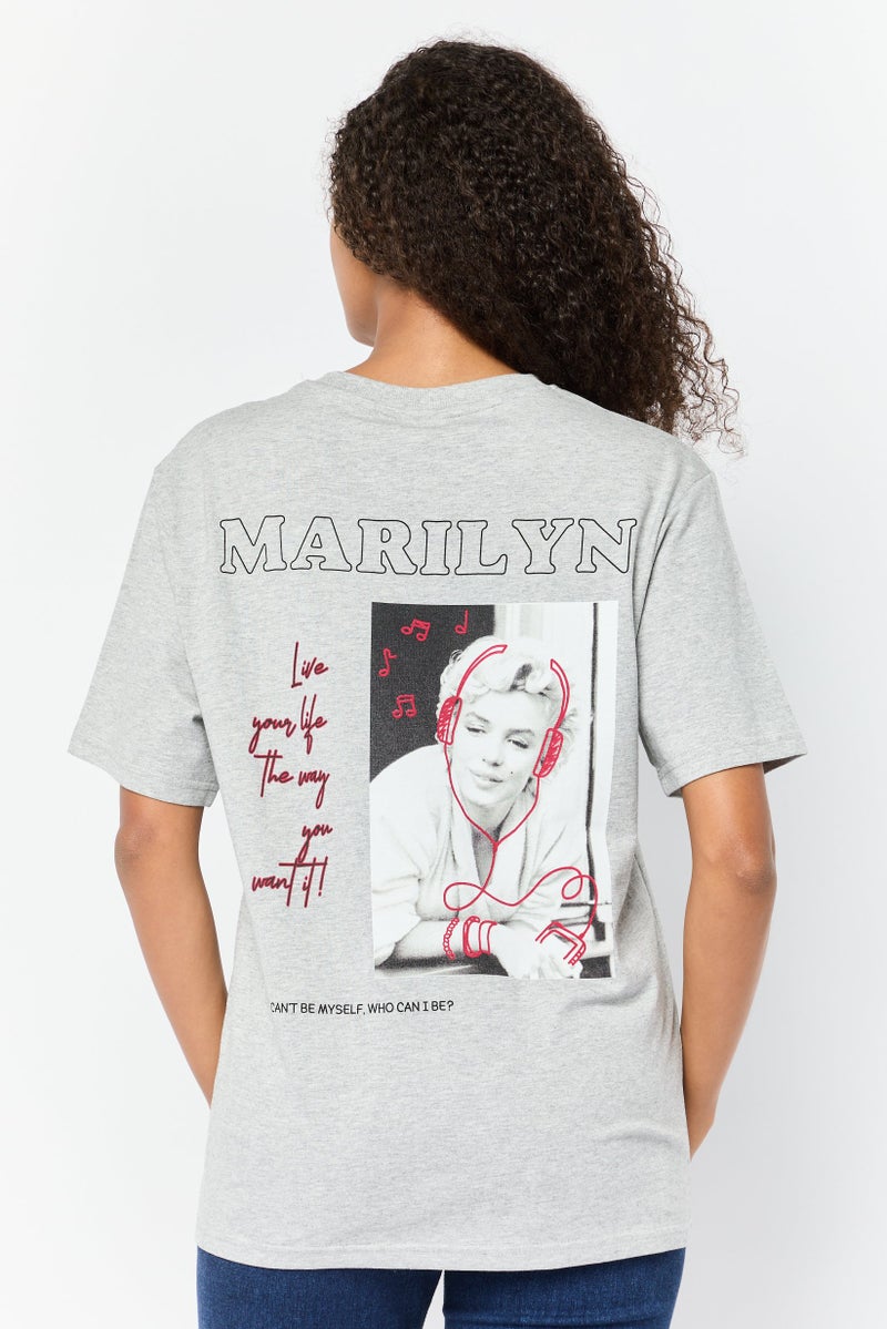 Marilyn Monroe Women Oversized Fit Crew Neck Short Sleeves Graphic Print T-Shirt, Grey - Image 3