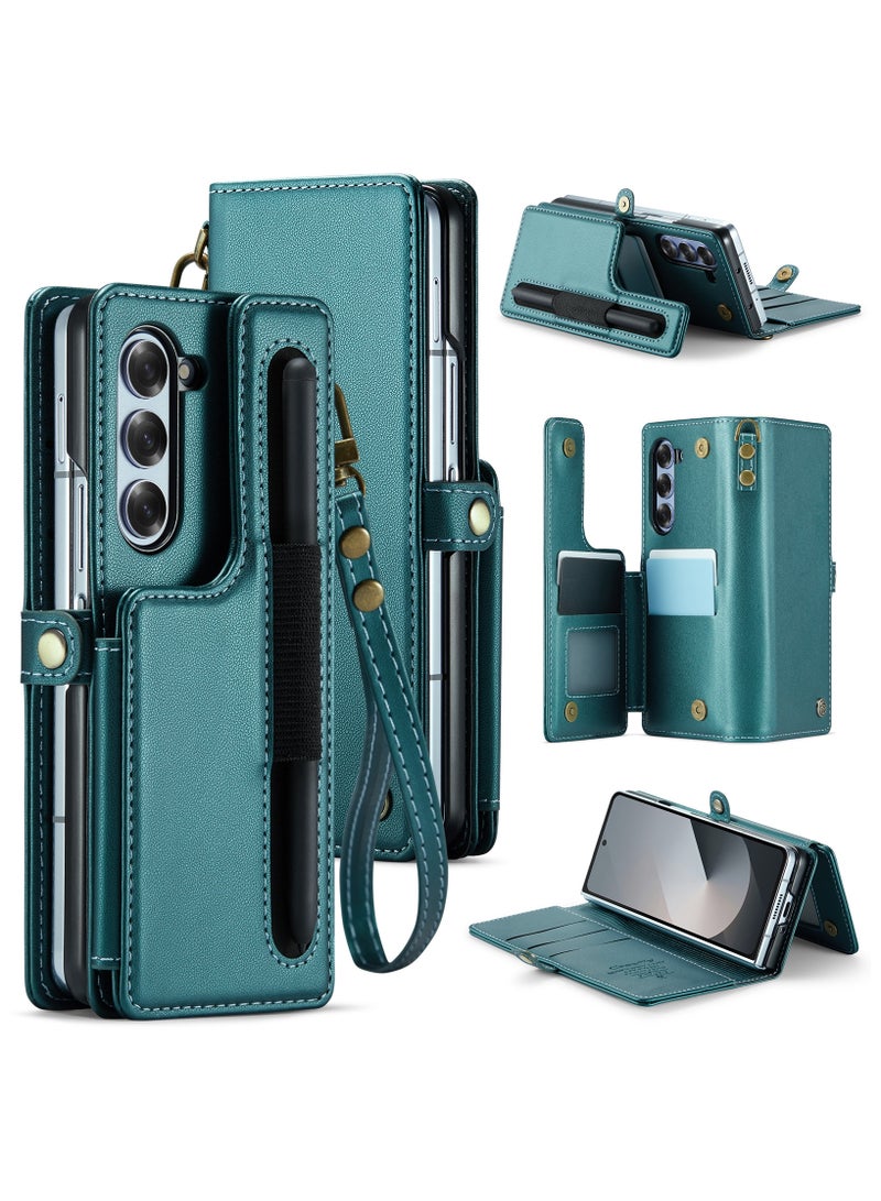 كيس مي جراب جلد مضاد للصدمات مع حافظة كروت مغناطيسية متوافق مع هاتف سامسونج زد فولد 6 فايف جي (اخضر) - Image 1