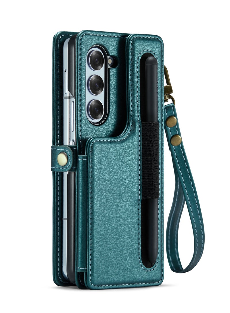 كيس مي جراب جلد مضاد للصدمات مع حافظة كروت مغناطيسية متوافق مع هاتف سامسونج زد فولد 6 فايف جي (اخضر) - Image 3