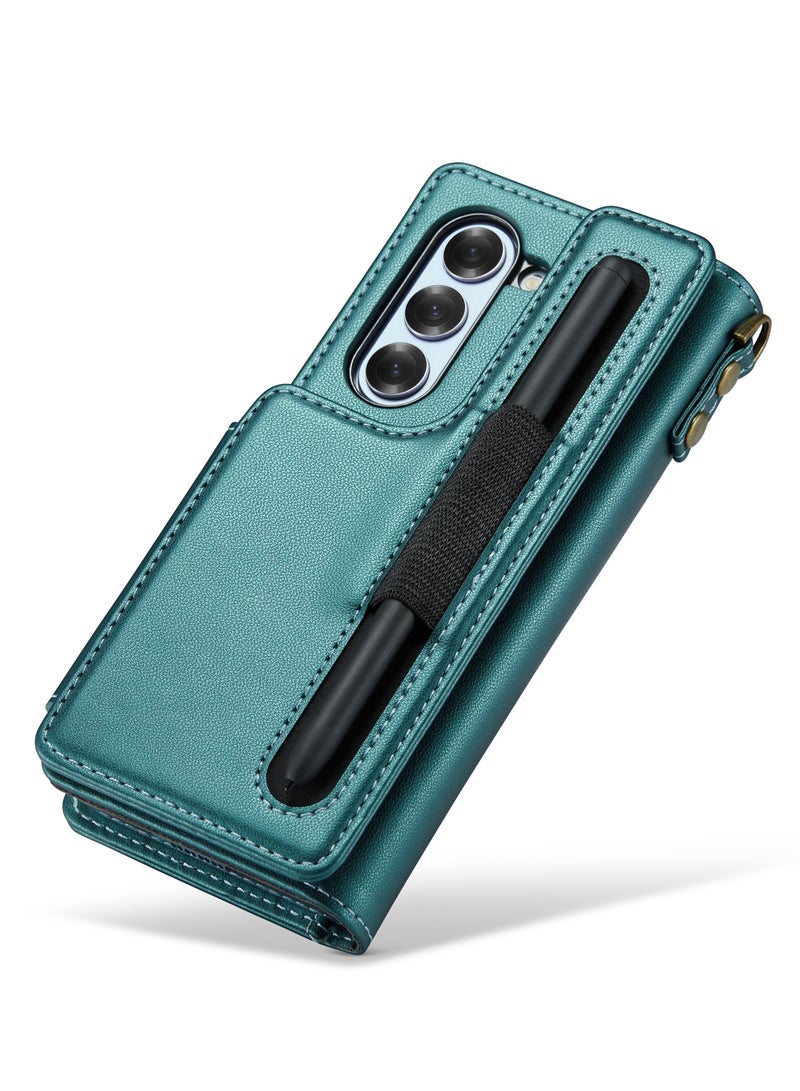 كيس مي جراب جلد مضاد للصدمات مع حافظة كروت مغناطيسية متوافق مع هاتف سامسونج زد فولد 6 فايف جي (اخضر) - Image 5