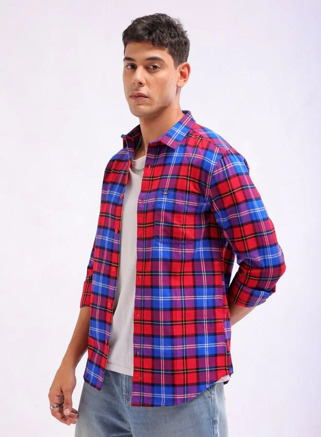 شركة المرآب الهندية Men Slim Fit Checkered Full Sleeves Cutaway Collar Casual Shirt