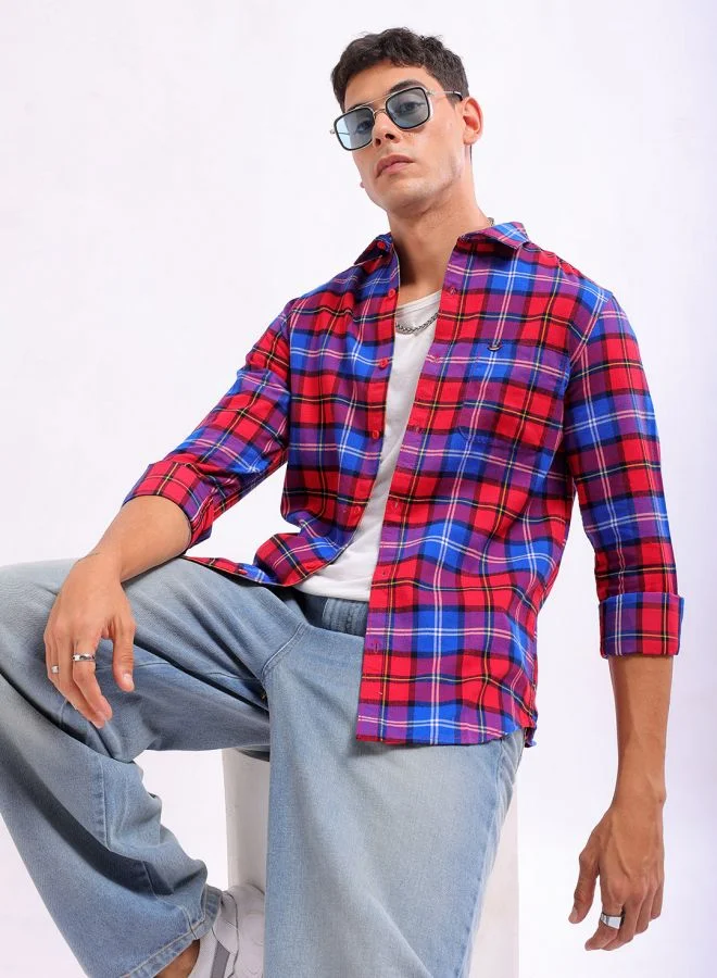 شركة المرآب الهندية Men Slim Fit Checkered Full Sleeves Cutaway Collar Casual Shirt