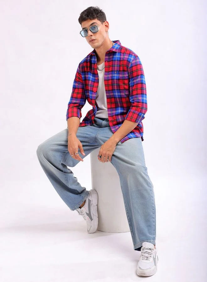 شركة المرآب الهندية Men Slim Fit Checkered Full Sleeves Cutaway Collar Casual Shirt