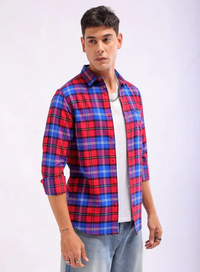 شركة المرآب الهندية Men Slim Fit Checkered Full Sleeves Cutaway Collar Casual Shirt