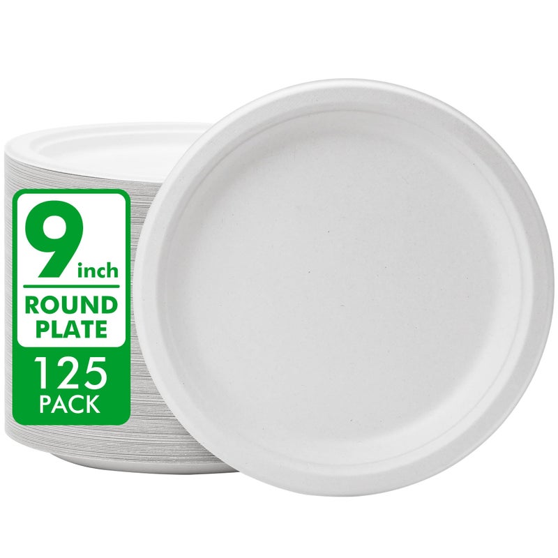 RACETOP Disposable Compostable Paper Plates 9 Inch [125 Pack], White Bagasse, Heavy-Duty Biodegradable Paper Plates, Eco-Friendly, Made of Natural Sugarcane Fibers - Image 1