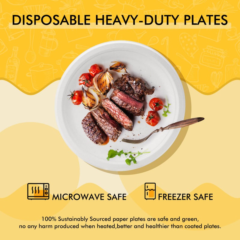 RACETOP Disposable Compostable Paper Plates 9 Inch [125 Pack], White Bagasse, Heavy-Duty Biodegradable Paper Plates, Eco-Friendly, Made of Natural Sugarcane Fibers - Image 5