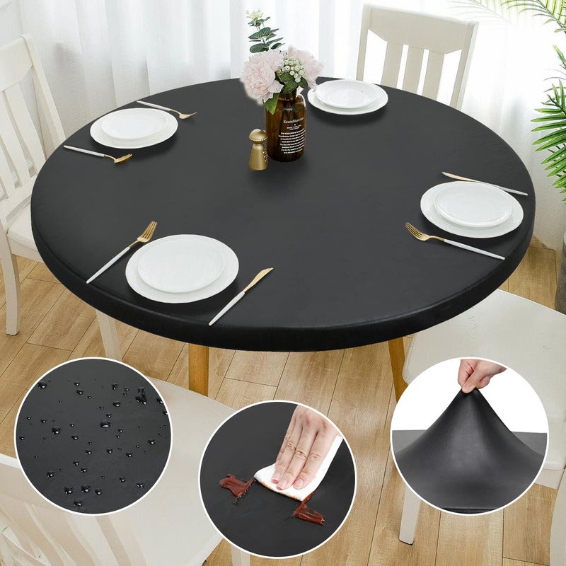 Rinpon Double Fitted Design PU Round Fitted Tablecloth AntiTear Wipeable Elastic Round Tablecloth SoftTouch Fitted Table Cloth Waterproof OilProof Table Cover Black 4044 Round