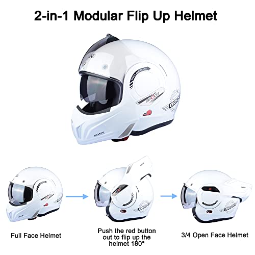 BEON خوذة دراجة نارية كاملة الوجه BEON معتمدة من DOT، واقي ذقن قابل للعكس بزاوية 180° خوذة طيار مودولارية مع نظارات مزدوجة مضادة للضباب وفتحات لسماعات البلوتوث للرجال والنساء البالغين (L، لؤلؤي لامع أبيض) - Image 4