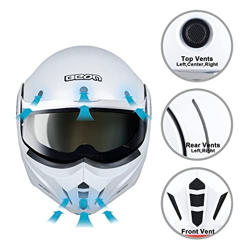 BEON خوذة دراجة نارية كاملة الوجه BEON معتمدة من DOT، واقي ذقن قابل للعكس بزاوية 180° خوذة طيار مودولارية مع نظارات مزدوجة مضادة للضباب وفتحات لسماعات البلوتوث للرجال والنساء البالغين (L، لؤلؤي لامع أبيض) - Image 5