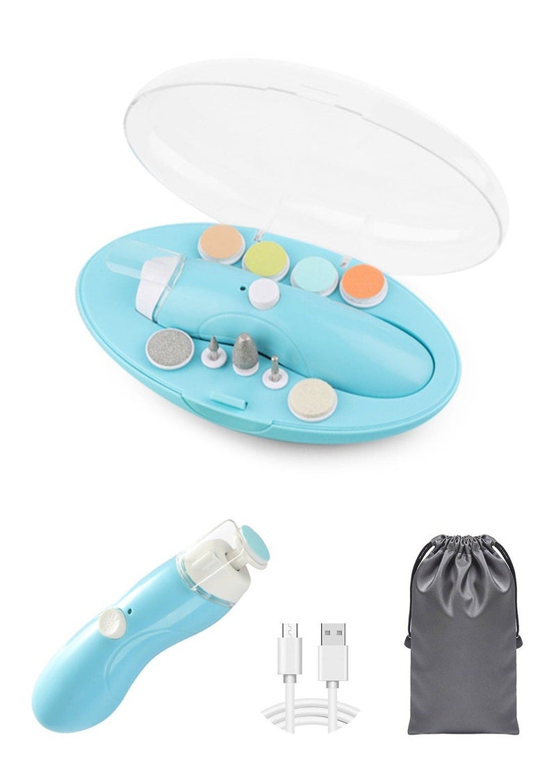 Baby Nail Trimmer Electric, Rechargeable Baby Nail File Baby Nail Clippers Set, Trim Polish Grooming Kit for Newborn Toddler or Adults Toes Fingernails, 9 Grinding Heads and LED Light - Blue - Image 1