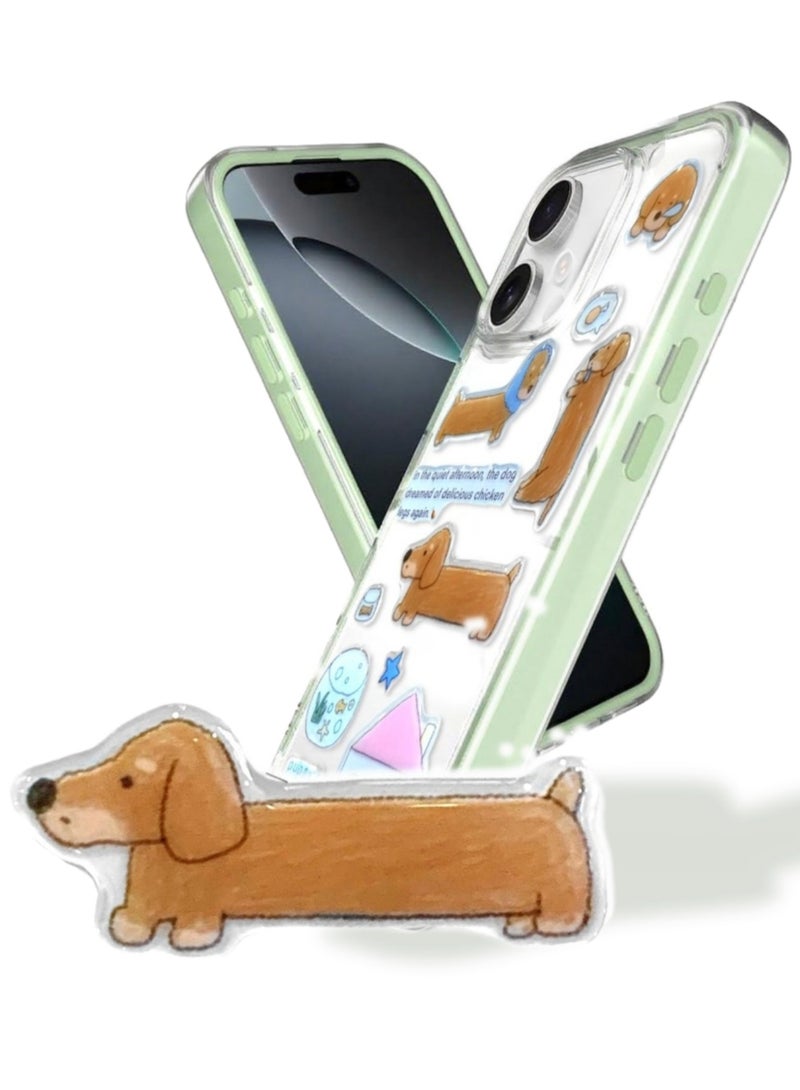 Clear Case for iPhone 16 – Shockproof Soft TPU Bumper Frame with Flexible Transparent Back, Crystle Pastel, Customizable with Kawaii Dachshund Epoxy Resin Stickers (Matcha Green & Dachshund Epoxy Resin Stickers) - Image 1