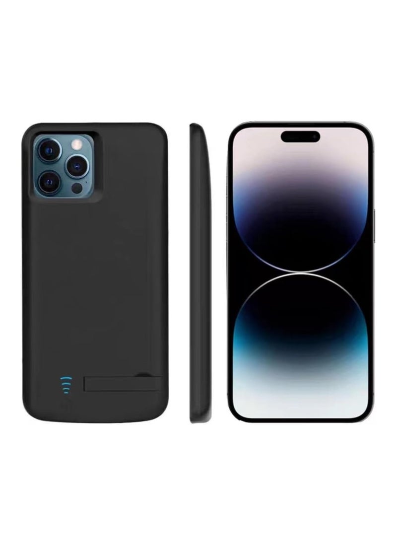 جنرال - حافظة بطارية لـ iPhone 15 Pro Max، سعة 6000 مللي أمبير في الساعة، مع حامل للهاتف المحمول، حافظة شحن محمولة مدعومة ببطارية قابلة لإعادة الشحن لـ iPhone 15 Pro Max. - Image 1