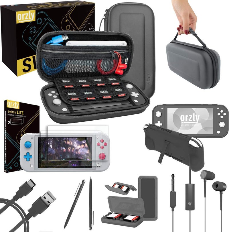 Orzly Switch Lite Accessories Bundle - Case & Screen Protector for Nintendo Switch Lite Console, USB Cable, Games Holder, Comfort Grip Case, Headphones, Thumb-Grip Pack & more ( Gift Pack - Grey) - Image 1