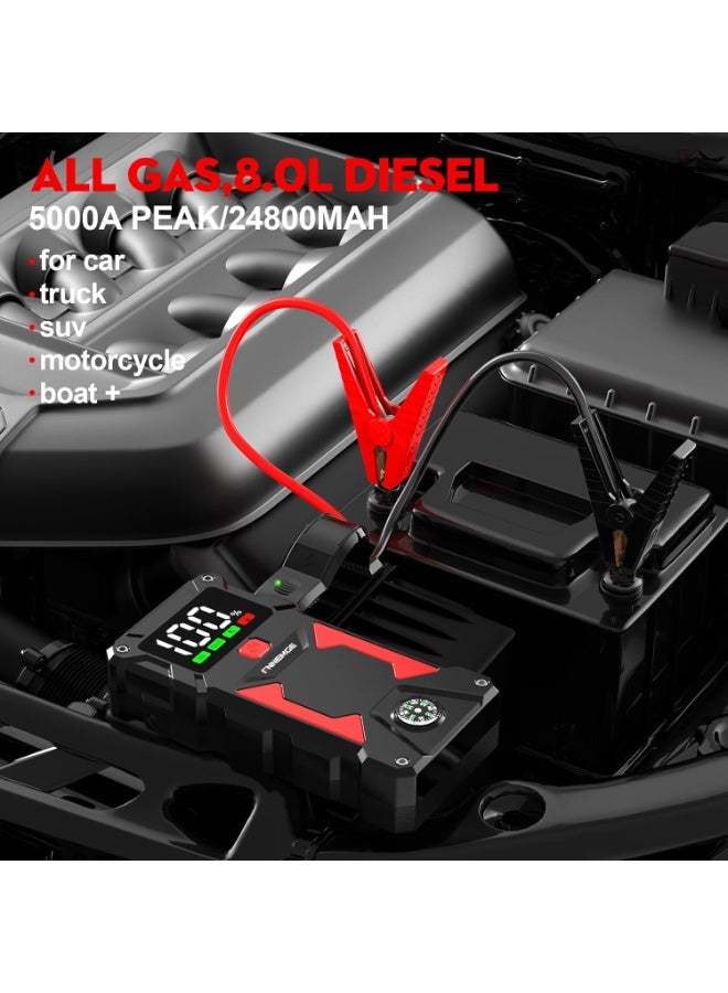 FNNEMGE 【Ultra-large Capacity】Jump Starter 5000A 24800mAh Supports All Gasoline Car and 8L Diesel Car 12V Portable Power Pack Automotive Battery Booster Charger with USB Port Smart Jumper, Display and Emergency Light. - Image 2