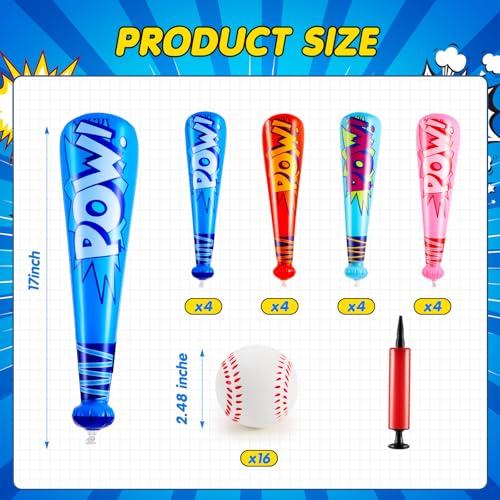 Seematn 16 Sets Inflatable Baseball Bats and Baseballs Set Includes 17 Inch Pow Inflatable Baseball Bats and 25 Inch Mini Foam Baseballs for Sports Party Favor Carnival Birthday Classic Colors - Image 5