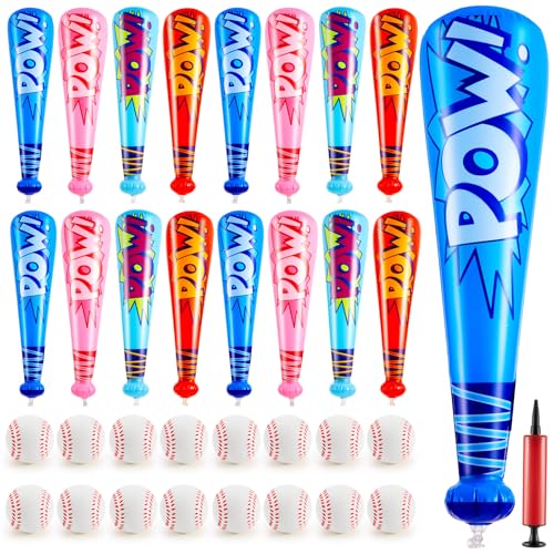 Seematn 16 Sets Inflatable Baseball Bats and Baseballs Set Includes 17 Inch Pow Inflatable Baseball Bats and 25 Inch Mini Foam Baseballs for Sports Party Favor Carnival Birthday Classic Colors - Image 1