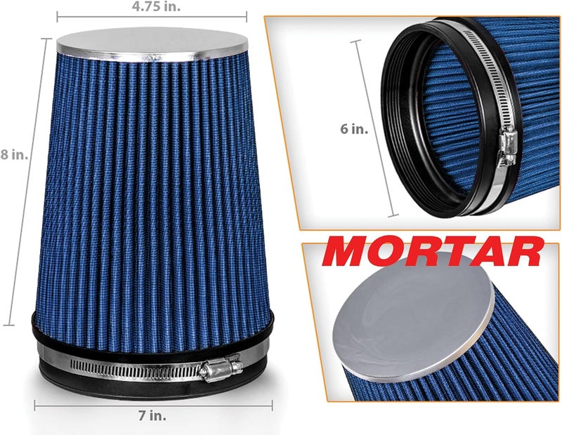 Mortar Aftermarket Auto Air Filter - 6 In Flange ID, Universal Cold Air Intake, Blue - Image 2