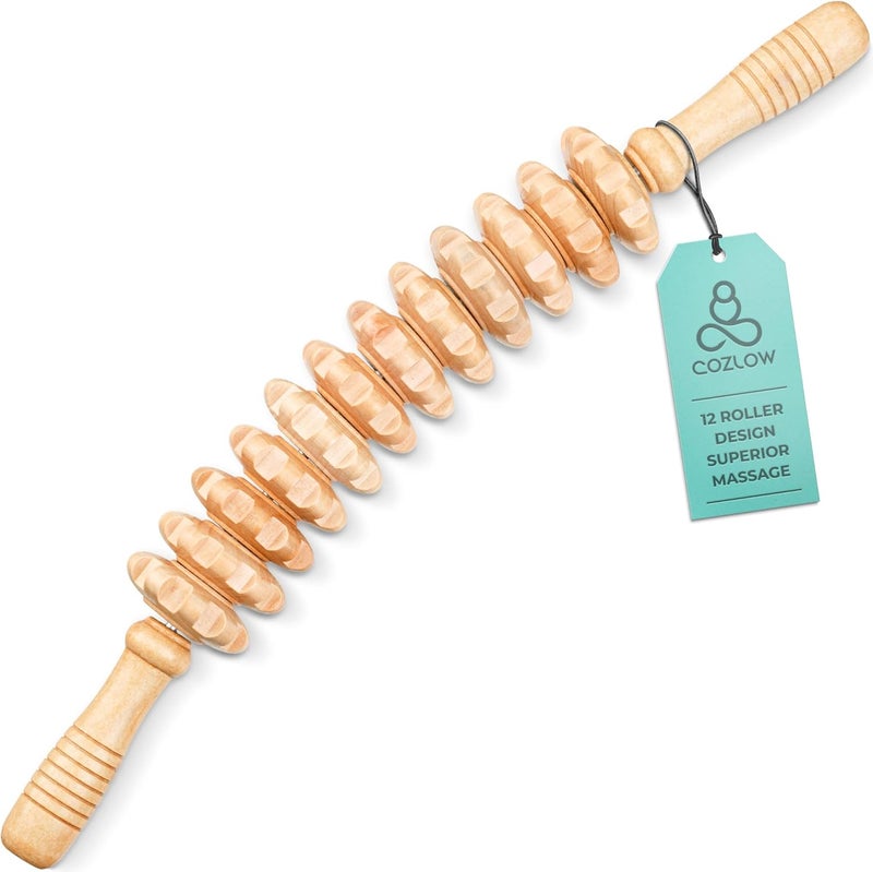 COZLOW Wooden Massage Roller Stick 12 Rollers Curved Wood Therapy Massage Tool for Body Sculpting Fascia Release Lymphatic Drainage Maderotherapy Helps Reduce Cellulite Appearance - Image 1