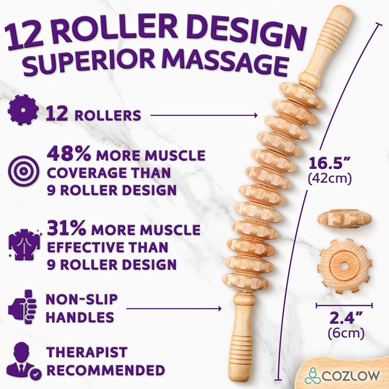 COZLOW Wooden Massage Roller Stick 12 Rollers Curved Wood Therapy Massage Tool for Body Sculpting Fascia Release Lymphatic Drainage Maderotherapy Helps Reduce Cellulite Appearance - Image 2