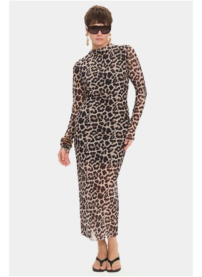 JUNE June Women Stand Neck Leopard Patterned Tulle Detailed Midi Dress Beige